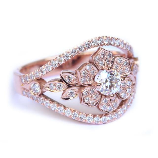wedding photo - Natural Diamond Ring, Unique Engagement Ring, Lilly Flower Diamond Ring, Gold Flower Ring 18K Yellow Gold