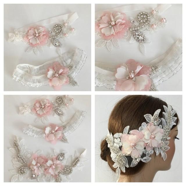 wedding photo - Wedding Garter Set & Bridal Headband, ivory soft pink Bridal Garter Set, Keepsake Garter, Bridal hairpiece Lace Garter- Bridal headpiece
