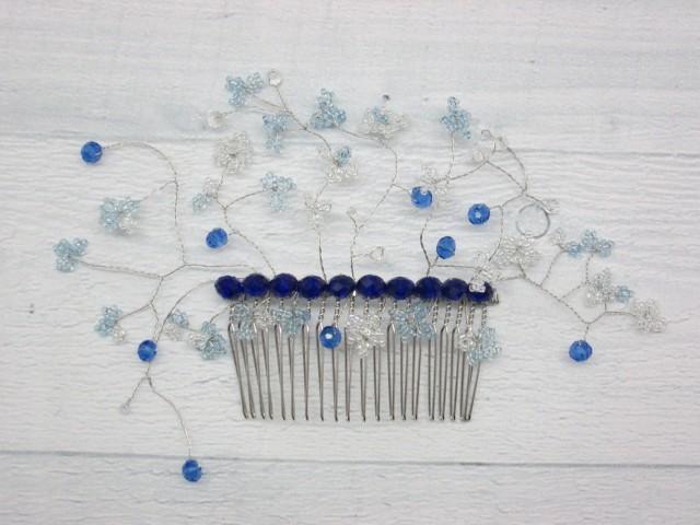 Something blue Hair comb blue Crystal bridal hair Flower comb Leaf hair comb Beads comb hair Royal blue bride Blue accessory Blue for bride