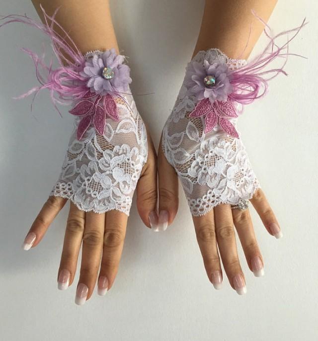 wedding photo - Ivory french lace gloves bridal gloves ivory lace gloves fingerless gloves free ship, lilac flowers and feather design, lilac lace gloves,