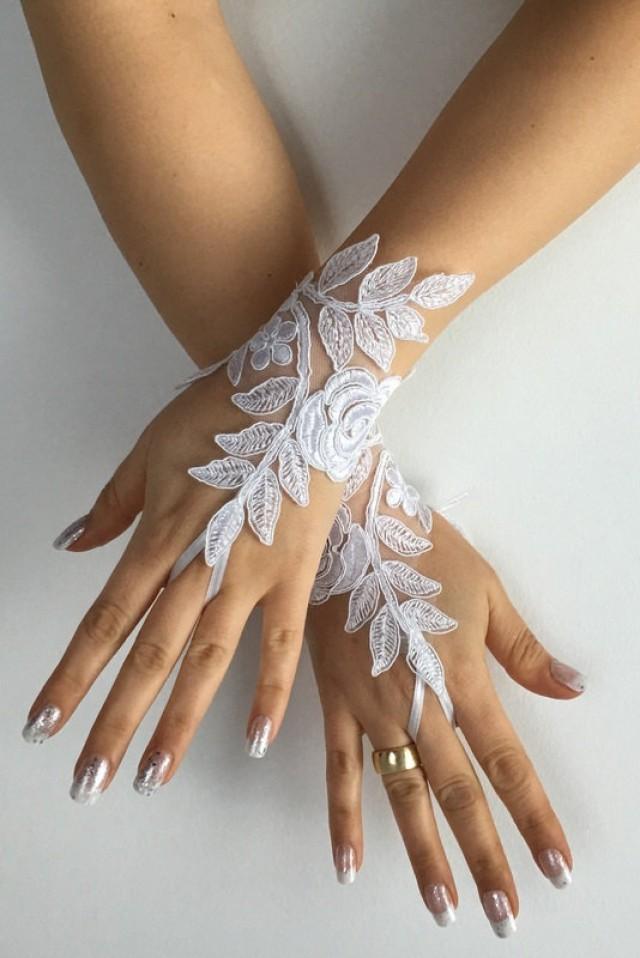 wedding photo - FREE SHIP White Wedding gloves bridal gloves lace gloves fingerless gloves french lace gloves,handmade