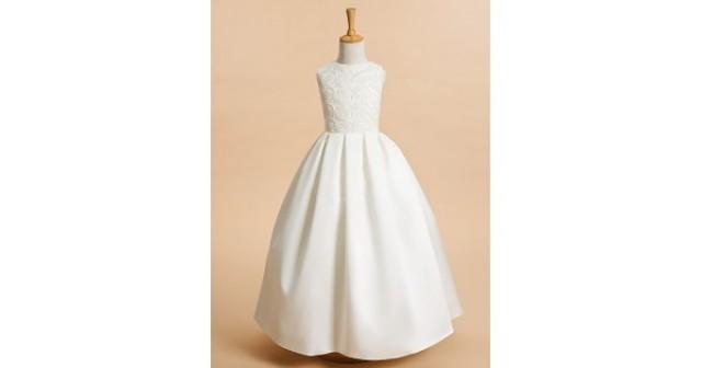 wedding photo - A-line Ankle-length Flower Girl Dress Lace Satin Sleeveless Jewel with Lace