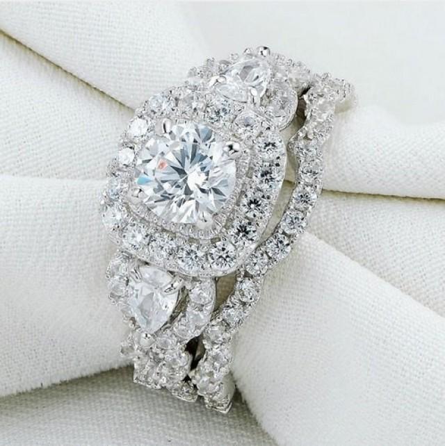 wedding photo - 3.37ct Halo Twist Wedding Ring Set Engagement Ring Wedding Band Diamond Simulated 925 Platinum ep Women's Bridal Set Eternity Ring CZ