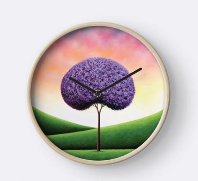Purple Tree Wall Clock, Wood Framed Clock, Whimsical Tree Art Circle Clock, Colorful Office Decor, Modern Circular Hanging Pretty Clock