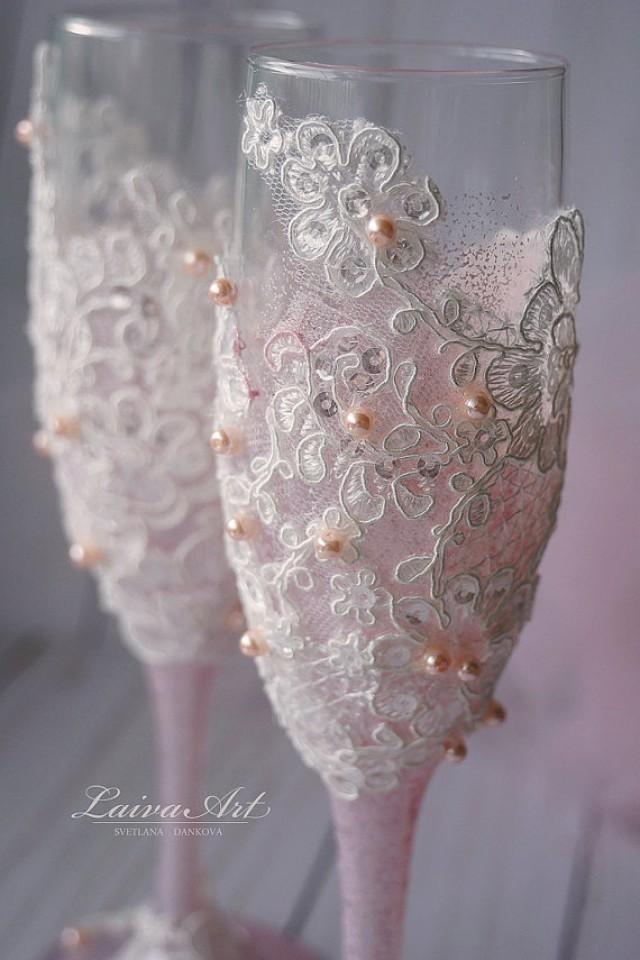 wedding photo - Vintage Wedding Champagne Flutes Wedding Champagne Glasses Lace Wedding Blush Pink Bride and Groom Wedding Glasses