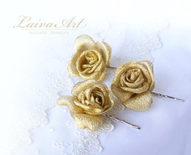 wedding photo - Wedding Fabric Flower Hair Pin Bridal Accessories Gold Ivory