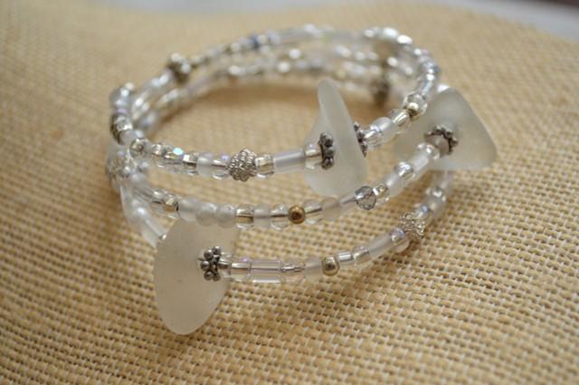 White Sea Glass Memory Bracelet  Birthday day gift for Mother, Girlfriend  Beachy Jewellery Christmas Present Beach  Wedding Jewelry