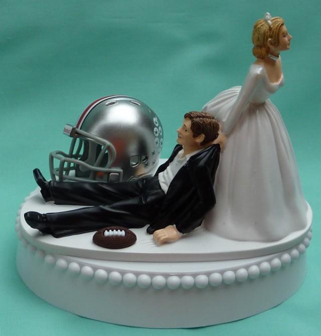 Wedding Cake Topper Ohio State St. University Buckeyes OSU Football Themed w/ Garter Unique Original Bride Groom College Sports Fans Funny