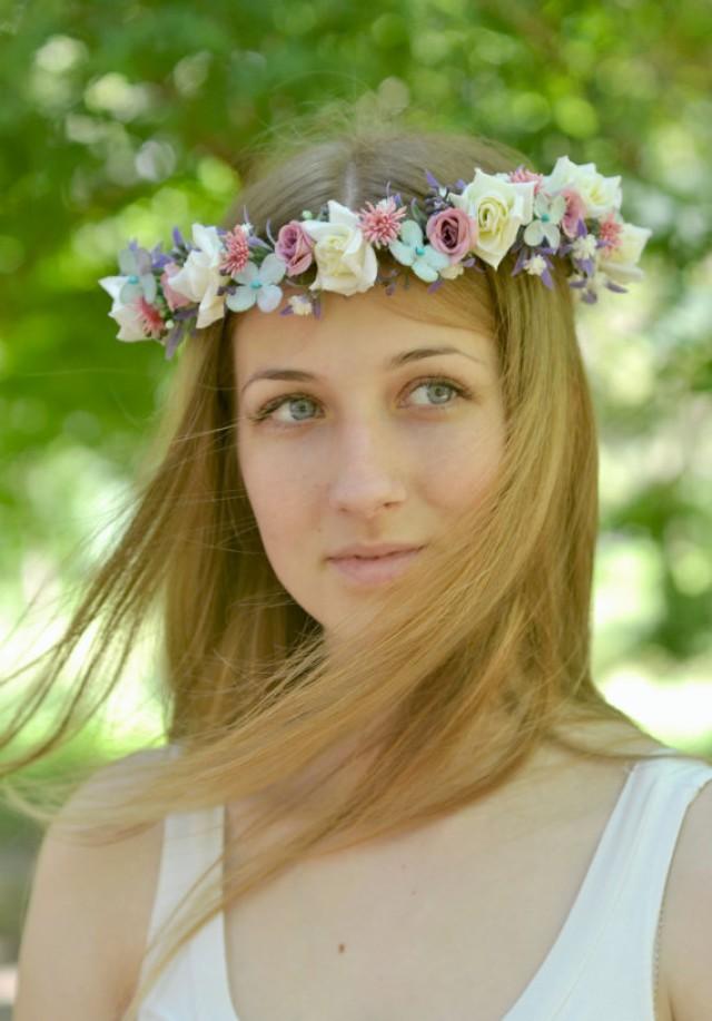 wedding photo - Bridal floral hair accessory Boho flower crown Wedding flower crown Roses hair wreath Flower girl Rustic wedding halo purple white