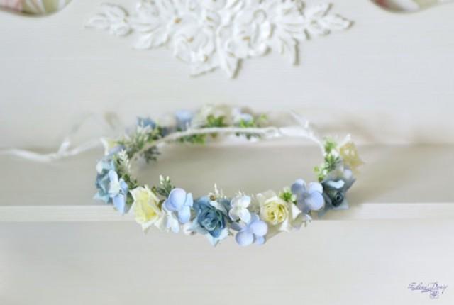 wedding photo - Light blue wedding flower crown Blue White floral hair wreath Boho roses hydrangea halo Rustic bridal floral crown Blue flower headband