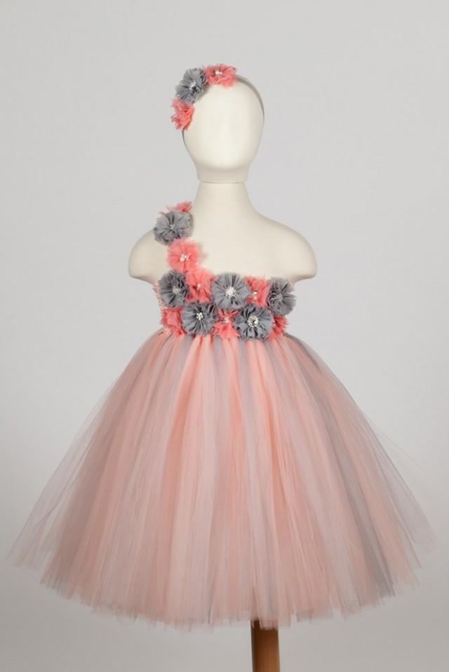Peach and Grey tutu dress, Flower Girl Dress, Peach and silver, Tutu Dress-, Birthday Tutu Dress, Peach Tutu Dress, Blush tutu dresses