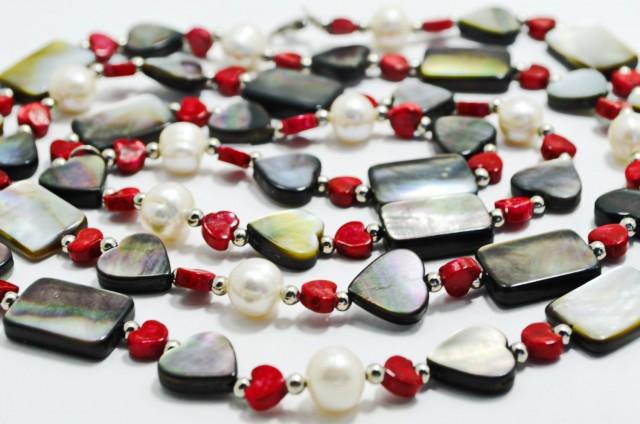 Valentine&#39;s Gift; Abalone Shell, Freshwater Perl and Coral Statement Long Multicolour Necklace; Beaded Holiday Fashion Beach Style Necklace