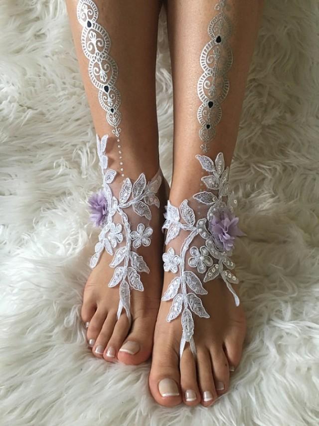 wedding photo - White lilac flowers lace barefoot sandals, FREE SHIP, beach wedding barefoot sandals, lace shoes, wedding shoe, bridesmaid gift, beach