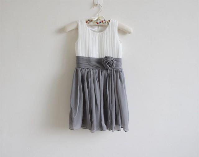 Ivory Grey Flower Girl Dress Ivory Gray Knee-length Chiffon Baby Girl Dress With Flower
