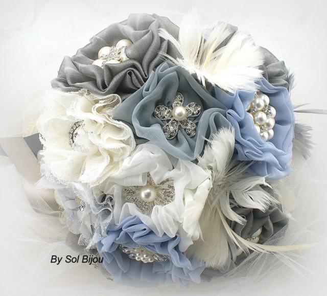 Brooch Bouquet, Ivory, Dusty Blue, Gray, Silver, Elegant Wedding, Bridal, Jeweled, Lace, Crystals, Feather Bouquet, Pearls, Vintage Style