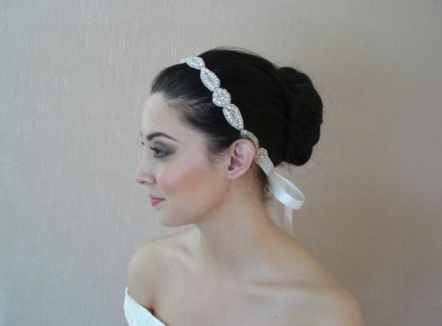 wedding photo - Rhinestone Headband Attached to a Double Sided Satin Ribbon in Ivory, White, Black - Ready to ship in 3-5 days