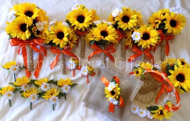 Wedding Bouquet Set / Burlap sunflower daisy bouquet Flower Bouquet OR You Choose Flower/Color 19 piece Set