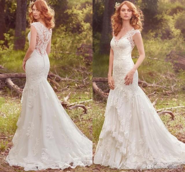 wedding photo - 2017 Elegant Boho Lace Mermaid Wedding Dresses Cap Sleeve V Neck Button Covered Illusion Back Bridal Gowns Tiered Appliqued Wedding Gowns Lace Luxury Illusion Online with $166.86/Piece on Hjklp88's Store 