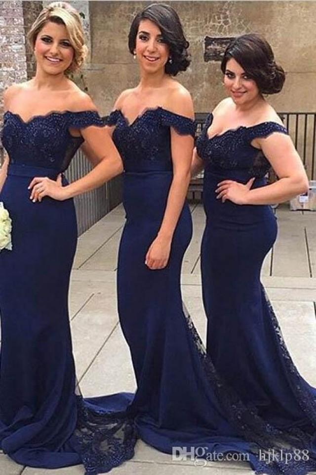 wedding photo - 2017 New Arrival Perfect Navy Blue Bridesmaid Dresses Mermaid Off Shoulder Sweep Train with Beading Lace Lace New Online with $114.29/Piece on Hjklp88's Store 