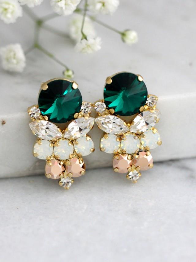 wedding photo - Emerlad Earrings, Emerlad Green Swarovski Earrings, Bridal Emerlad Earrings, Gift For Her, Bridal Dark Green Earrings, Green Bridal Studs