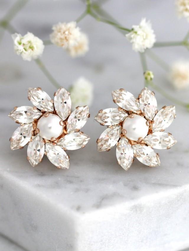 wedding photo - Bridal Pearl Earrings, Bridal Earrings, Bridal Clear Crystal Earrings, Swarovski Crystal Earrings, Bridesmaids Earrings,Cluster Pearl Studs