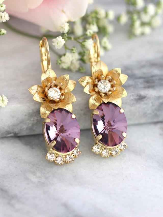 wedding photo - Antique Pink Earrings, Bohemian Earrings, Purple Earrings, Swarovski Earrings, Bridesmaids Earrings, Flower Earrings, Bridal Drop Earrings