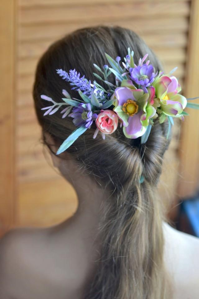 wedding photo - Purple Floral comb lavender anemone comb Bridal Flower headpiece Wedding flower comb Silk flower back hair dress Floral hair accessory