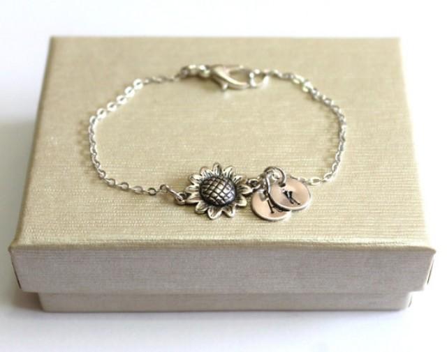 wedding photo - Sterling Silver Sunflower Bracelet, Personalized Silver Discs, Couple's Initials, Monogram Charms , Mother Jewelry, Silver Personalized
