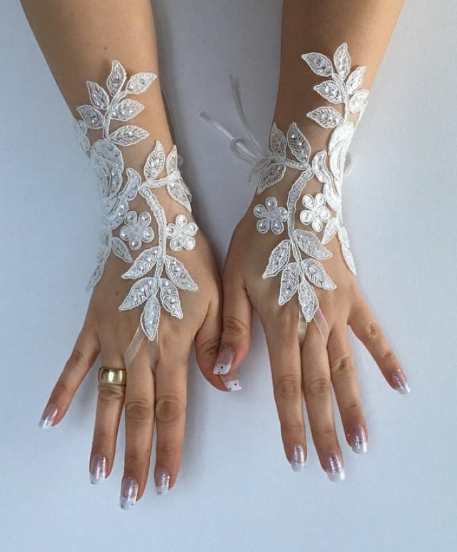 wedding photo - Free ship Wedding gloves ivory bridal gloves lace gloves fingerless gloves french lace gloves