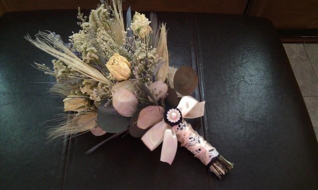Natural Wedding Bouquet - Romantic Victorian Dried Rose Larkspur Black Ivory Grey Gray Blue Bleached Peacock Feathers Lunaria Ribbon Pearl