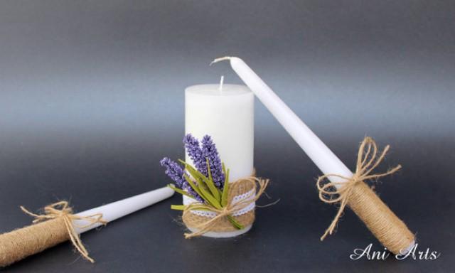 wedding photo - Rustic Wedding Unity Candle Set, Cottage Wedding Unity Candles, Lavender Unity Candles for Wedding Candles with burlap and lace