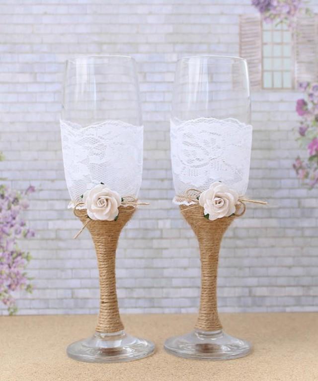 wedding photo - Wedding Glasses Burlap and Lace Toasting Flutes Mr and Mrs Champagne Glasses Wedding Reception Bride and Groom Glasses