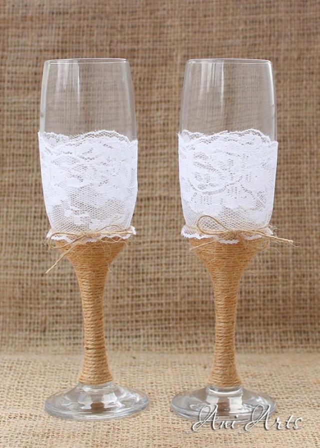 wedding photo - Burlap and Lace Wedding Glasses Rustic Toasting Flutes Nautical Mr and Mrs Burlap Champagne Wedding reception Bride and Groom Glasses