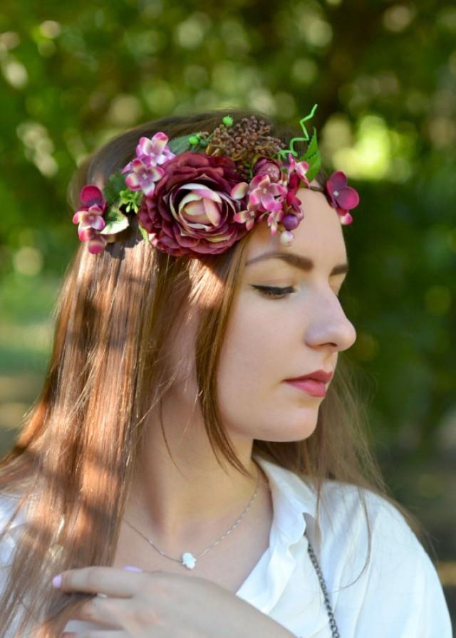 wedding photo - Bridal floral crown Burgundy flower headband Hydrangea boho crown Peonies hair wreath Wedding burgundy hair dress