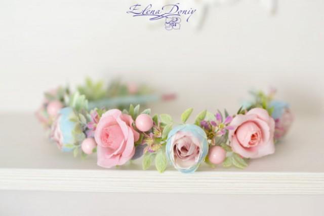 wedding photo - Wedding flower crown Pastel pink blue Flower girl wedding halo Roses ranunculus wreath Bridal floral crown Pink blue wedding headband