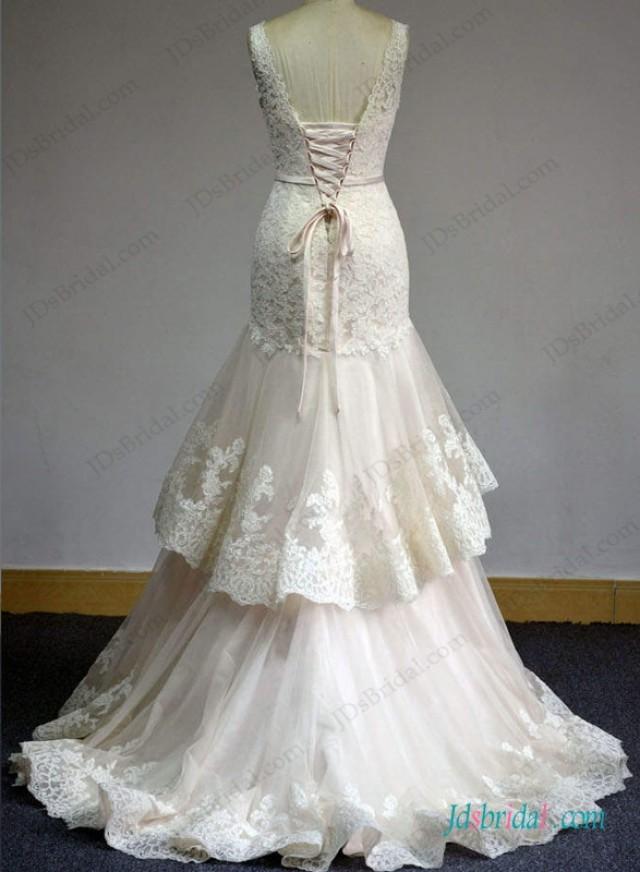 wedding photo - Blush pink strappy lace tiered mermaid wedding dress