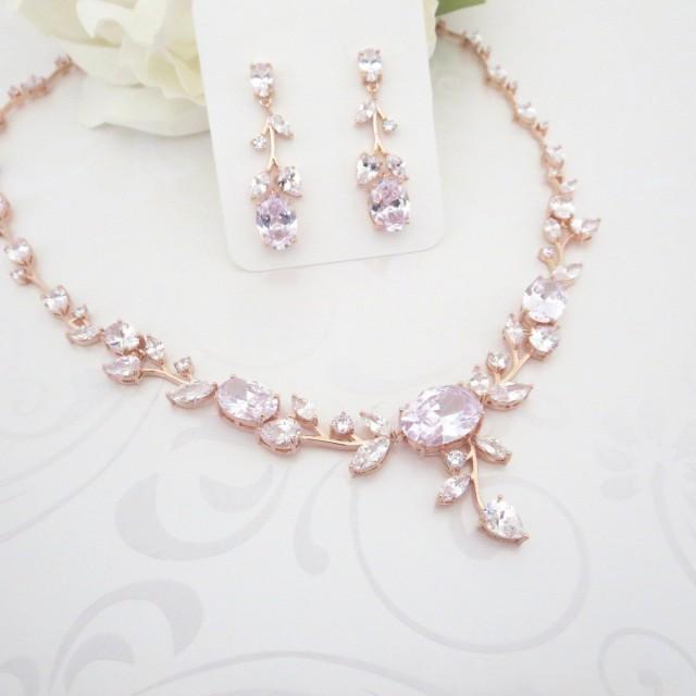 Wedding jewelry Set, Rose Gold Bridal necklace set, Rose Gold Wedding jewelry, Rose Gold earrings, Bridal earrings, Crystal necklace