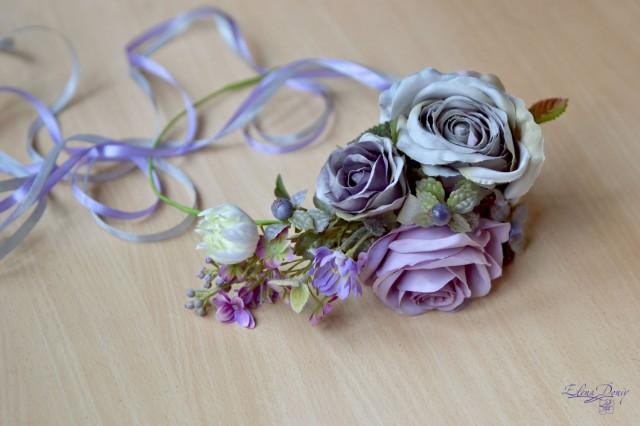 Gray purple floral crown Boho head wreath grey Roses wedding halo Flower crown large bridal flower crown Spring wedding Lilac Wedding