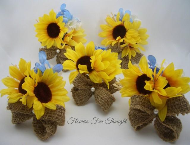 Rustic Sunflower Burlap Corsages, Yellow Blue Silk Flowers, Spring Summer Fall Wedding, Bridal Party Favor, FFT original, Made to order