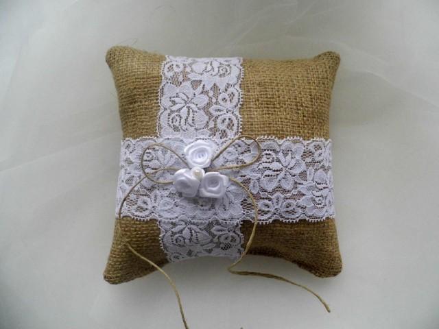 Burlap ring bearer pillow, rustic ring bearer pillow, barn wedding, country style wedding, burlap and lace, handmade pillow