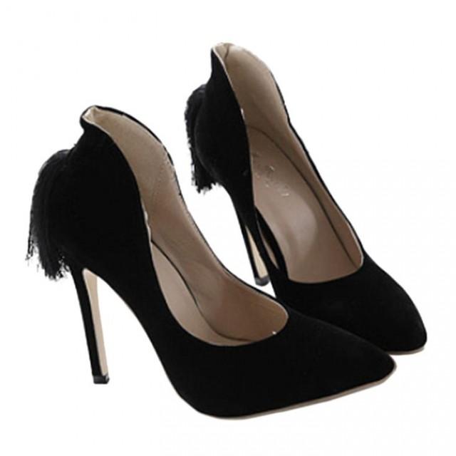 Back Heel Tassel Pointed Thin High Heel Low-cut Wedding Shoes Black 35