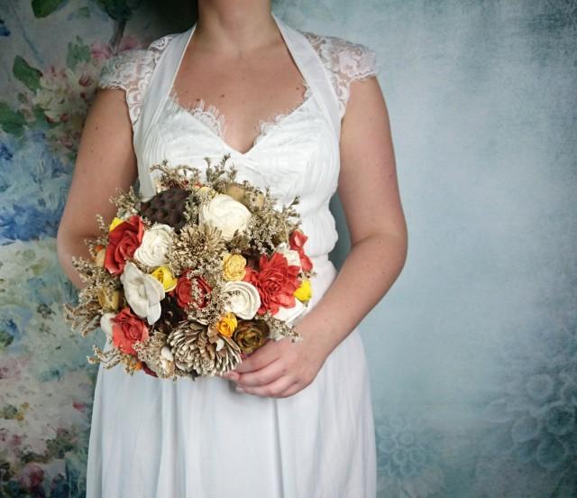 BIG ivory brown burnt orange yellow rustic autumn fall wedding BOUQUET sola flowers roses limonium lotos pine cones bell cup Burlap BIG ivory brown burnt orange yellow rustic autumn fall wedding BOUQUET sola flowers roses limonium lotos pine cones bell cup Burlap