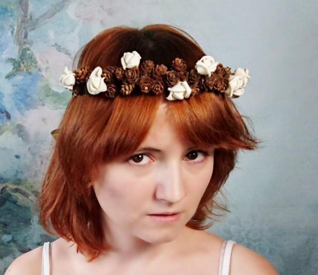 Pine cone CROWN / WREATH ivory sola flowers rustic wedding gold ribbon Flower girl Bride fall autumn Pine cone CROWN / WREATH ivory sola flowers rustic wedding gold ribbon Flower girl Bride fall autumn