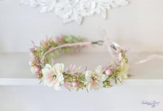 wedding photo - Blush Wedding flower crown Pastel bridal headpiece Pink gold bridal floral headband Pastel flower halo Wild flowers beads Boho wreath