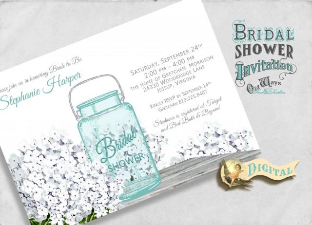 Rustic White Bridal Shower Invitation Mason Jar Hydrangea Flowers Country Chic  - Custom Printable Bridal Shower 5x7 or 4x6 JPEG or PDF