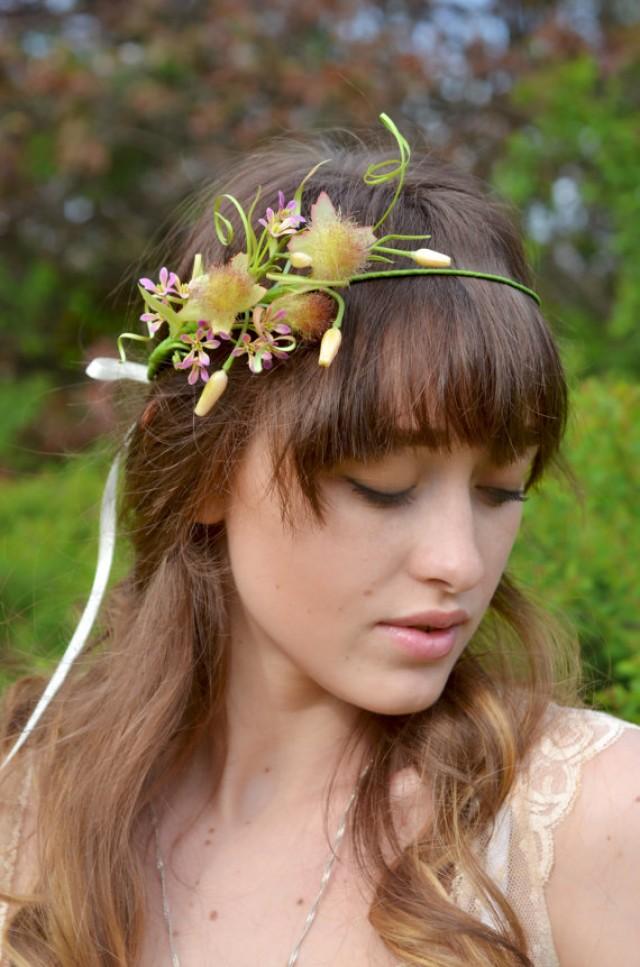 wedding photo - Bridal floral crown Rustic wedding halo Flower buds headband Wedding Floral crown Green Woodland crown Exotic hair wreath
