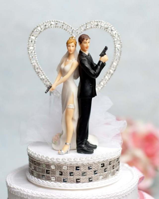 wedding photo - Super Sexy Spy Rhinestone Heart Wedding Cake Topper - Custom Painted Hair Color Available - 100207