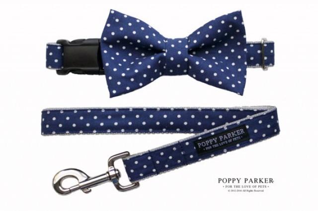 wedding photo - Navy Polka Dot Dog Bow Tie - Optional Matching Dog Collar Dog Leash