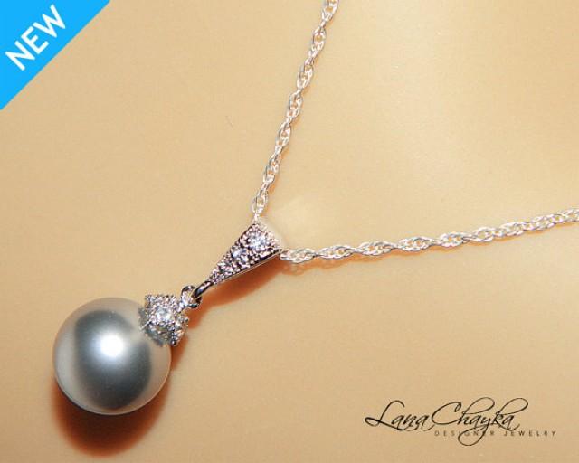 Light Gray Pearl Drop Necklace Grey Pearl Sterling Silver CZ Necklace Swarovski 10mm Pearl Pendant Wedding Jewelry Wedding Pearl Necklace