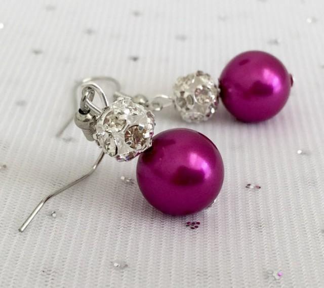 Fuchsia Bridesmaid Rhinestone Pearl Earrings, Magenta Wedding Jewelry Sets, Dark Pink Bridesmaid Earrings Jewelry Gift, Fuchsia Wedding